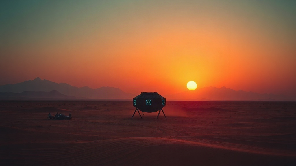 Colony landing module on a red alien desert at dusk