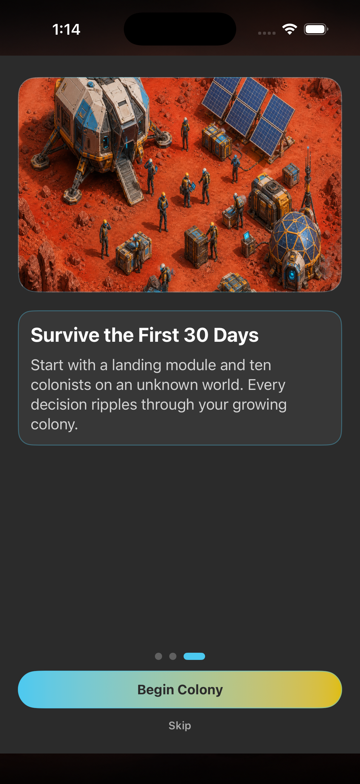 Colony Zero onboarding — thirty-day survival